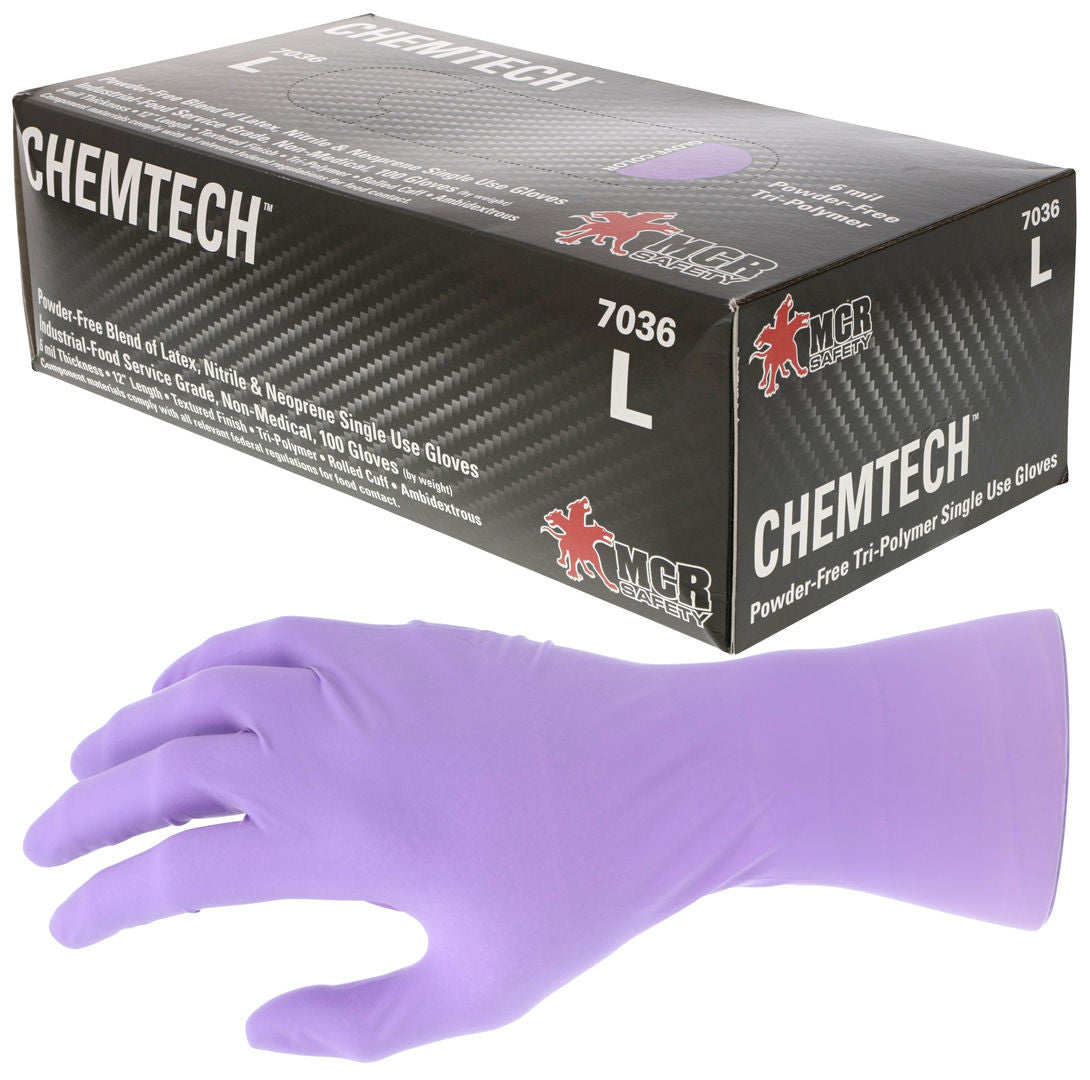 ChemTech Nitrile-Neoprene-Latex Disposable Gloves, 6 Mil, Powder-Free, Industrial Grade
