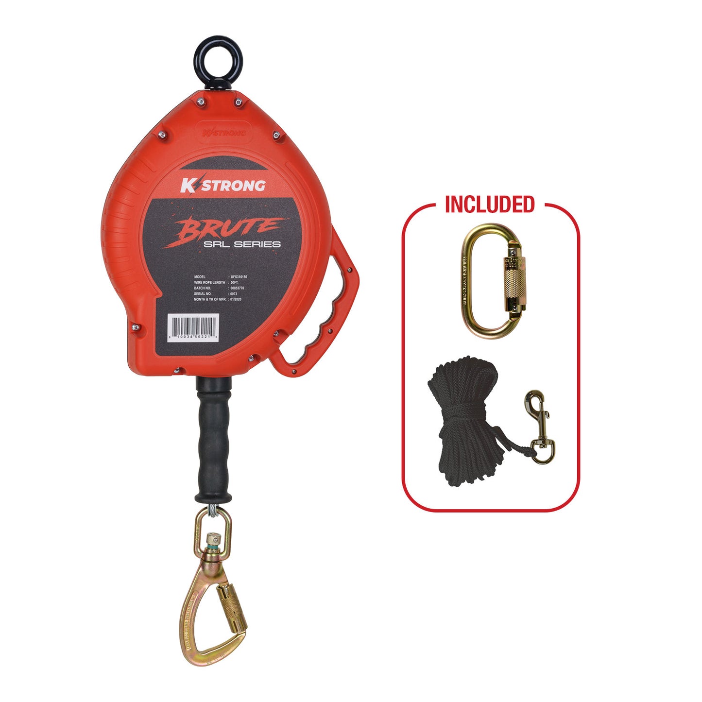 KStrong® BRUTE™ 50 ft. Galvanized Steel Cable SRL with Load Indicating Swivel Locking Carabiner. Includes Installation Carabiner and Tagline (ANSI)