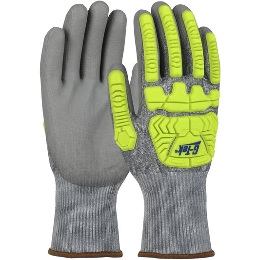 G-Tek® Seamless Knit HPPE Blended Glove with Hi-Vis Impact Protection and Polyurethane Coated Palm & Fingers