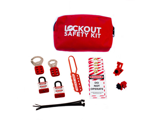 Lockout Tagout Kit with fabric pouch, hasps, and lockout padlocks.