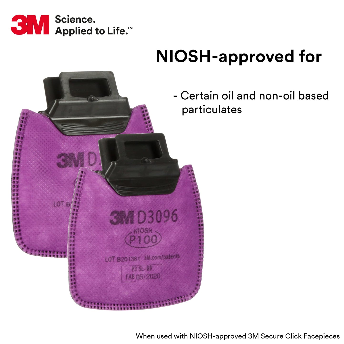 3M™ Secure Click™ Particulate Filter P100 with Nuisance Level Acid Gas Relief D3096, 100 ea/Case