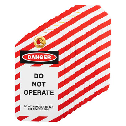 ZING Lockout Tags-Do Not Operate, Pkgs. Of 10, .7 Mm Plastic With Brass Grommet -- Striped - Unbranded