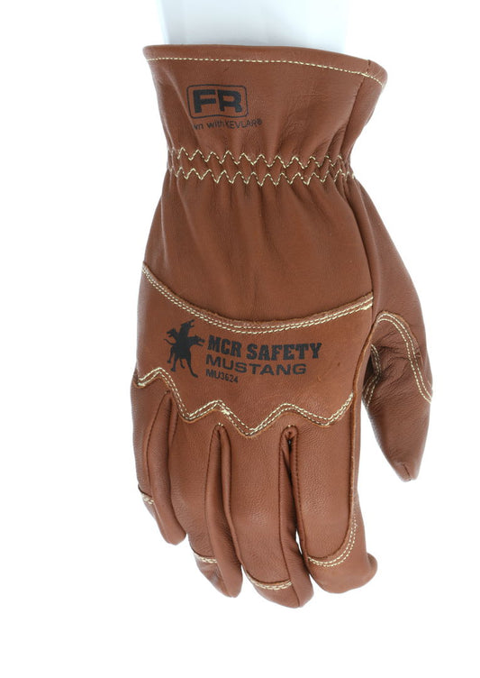 MU3624 - Mustang Utility Leather Drivers Work Gloves - Premium A Grade Grain Goatskin - Double Palm - Unlined - Sewn with DuPont™ Kevlar® - Wing Thumb - This FR Glove has an Arc Rating of 28.6 Cal/cm²