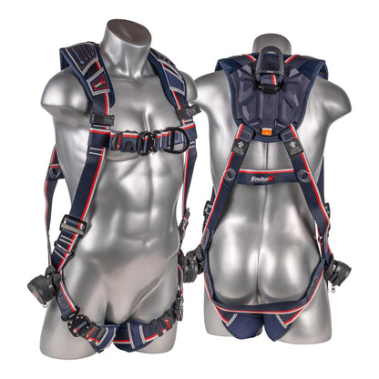 KStrong® EndurX™ 5-Point Full Body Harness, Abrasion Resistant Shoulder Pad, Deluxe Leg Pads, Enhanced Dorsal D-ring Plus™, Front D-ring, Premium Adjusters, Trauma Relief Straps, QC Chest/Legs, All Aluminum Hardware (ANSI)