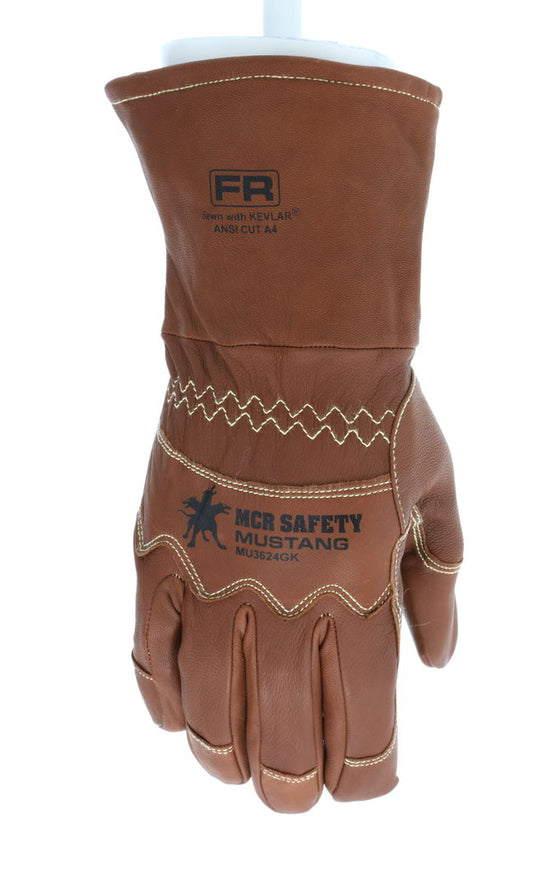 MU3624GK - Mustang Utility Leather Work Gloves - Premium A Grade Grain Goatskin - Double Palm - DuPont™ Kevlar® Aramid Lined and Sewn - Extended Gauntlet Cuff and Wing Thumb - This FR Glove has an Arc Rating of 61.4 cal/cm²