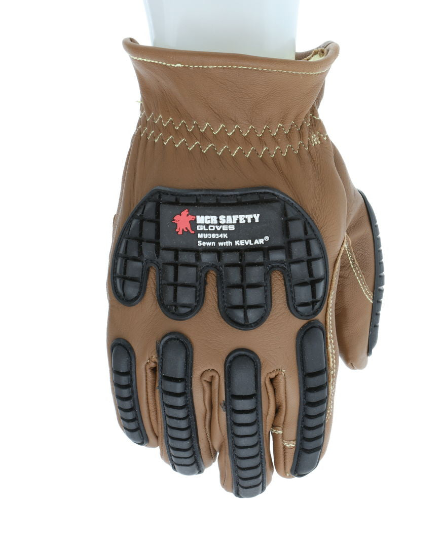 MU3634K - Mustang Utility Leather Drivers Work Gloves - Grain Goatskin - Double Palm - Lined and Sewn with DuPont ™ Kevlar® Aramid - Impact Level 1 Back-of-Hand Protection - This FR Glove has an Arc rating of 61.4 cal/cm²