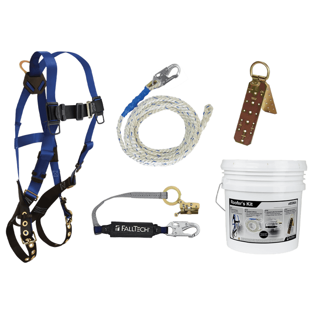 Roofer's Kit with Hinged Reusable Anchor and Trailing Anti-panic Rope Adjuster