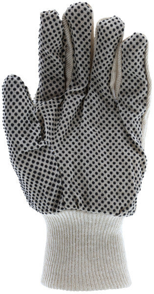 Canvas Work Gloves, Cotton/Polyester Blend, Black PVC Dots, Knit Wrist