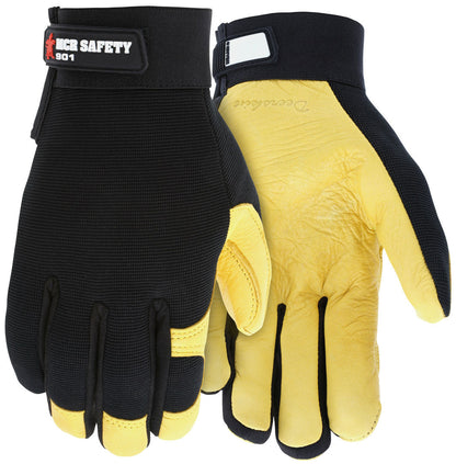 Mechanics Gloves, Grain Deerskin Palm, Spandex Back, Adjustable Closure