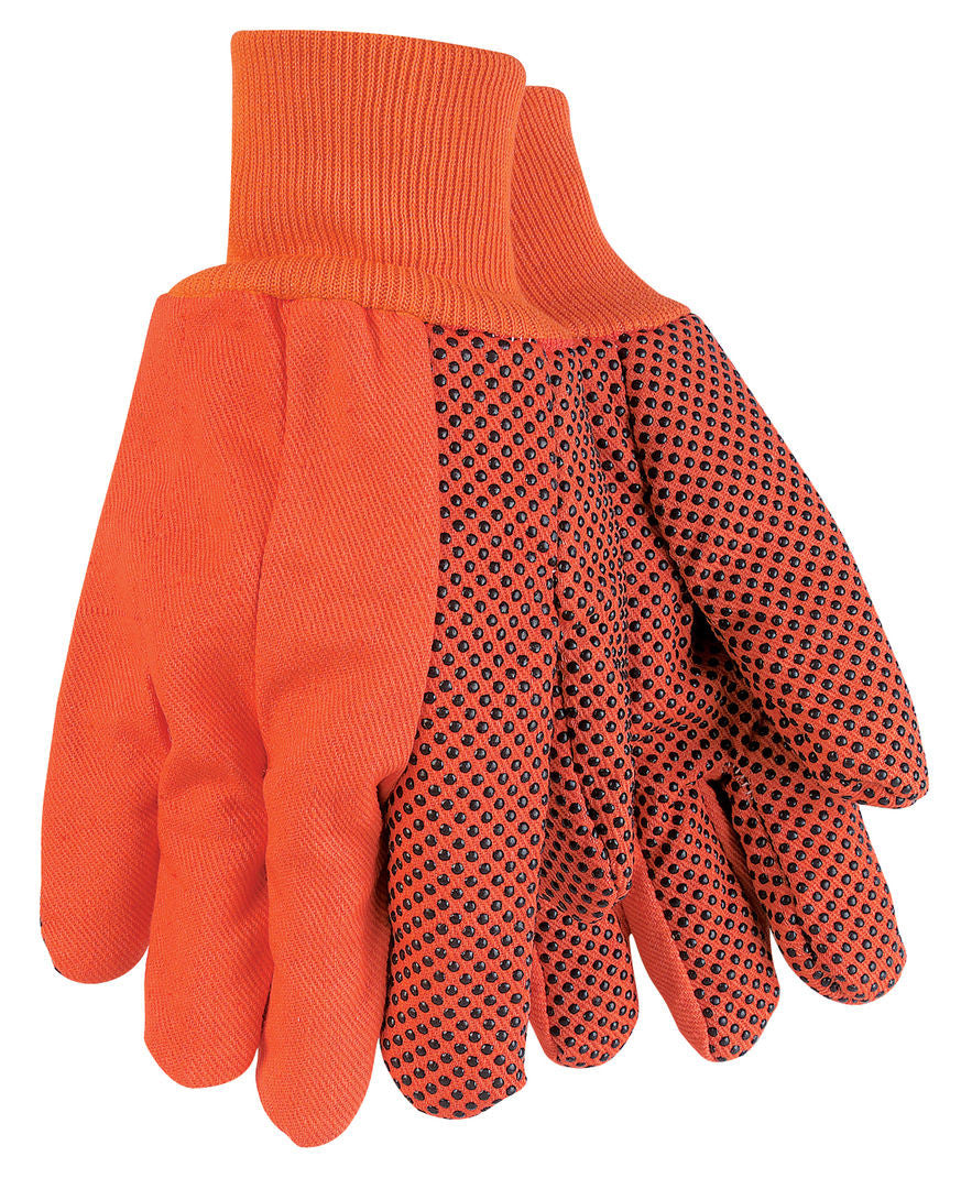 Hi-Vis Orange Cotton Canvas Double Palm Gloves, PVC Dotted, Knit Wrist