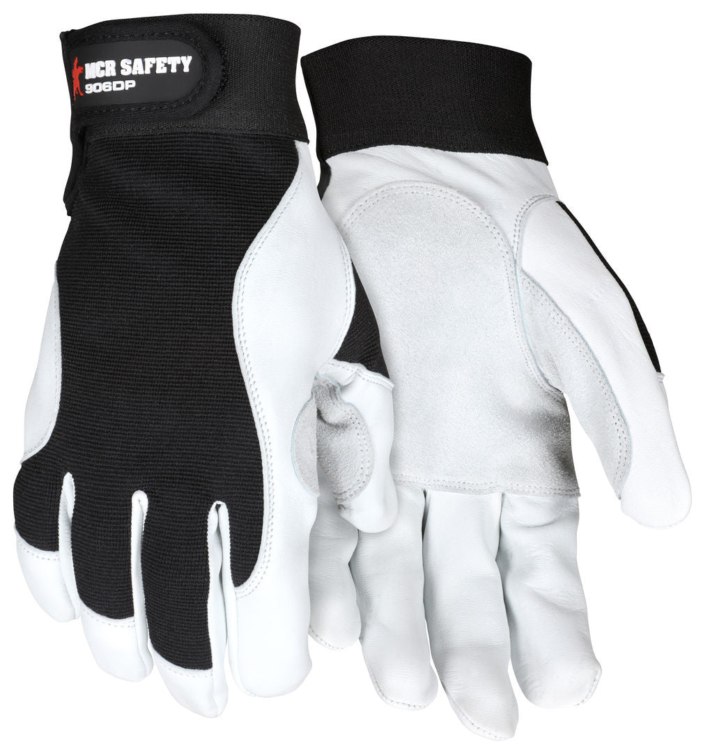 Mechanics Gloves, Grain Goatskin, Cowhide Double Palm, Hook-and-Loop Closure