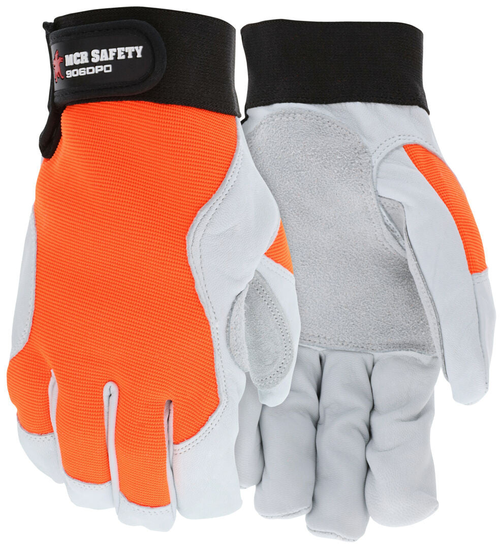 Mechanics Gloves, Grain Goatskin, Cowhide Double Palm, Hook and Loop Closure