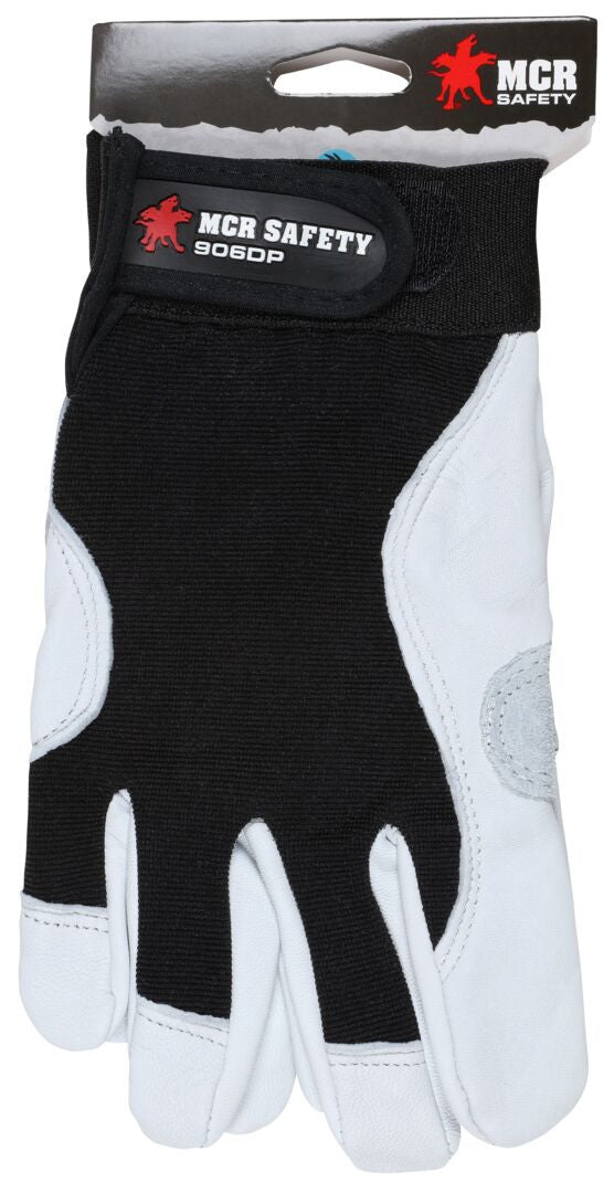 Mechanics Gloves, Grain Goatskin, Cowhide Double Palm, Hook-and-Loop Closure