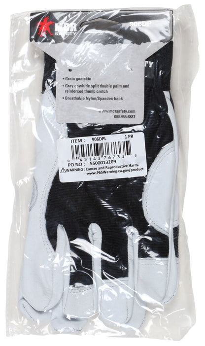 Mechanics Gloves, Grain Goatskin, Cowhide Double Palm, Hook-and-Loop Closure