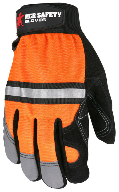 Split Cowhide Mechanics Gloves, Double Palm, Hi-Vis Reflective Back
