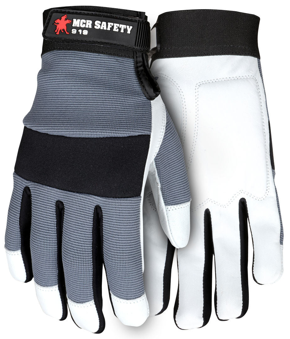 Goatskin Leather Mechanic Gloves, Gel-Padded Palm, Adjustable Wrist Closure
