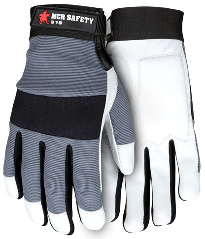 Goatskin Leather Mechanic Gloves, Gel-Padded Palm, Adjustable Wrist Closure