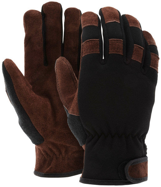Split Cowhide Leather Mechanic Gloves, Spandex Back, Adjustable Closure