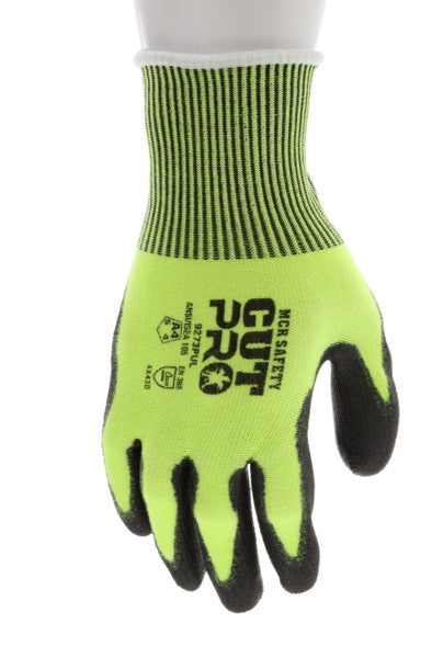 9273PU - MCR Safety CutPro® - 13 Gauge HyperMax® HPPE Shell - Hi Vis Cut Resistant Work Gloves - Polyurethane (PU) Coated Palm and Fingertips - Black PU Palm hides Dirt and Grime