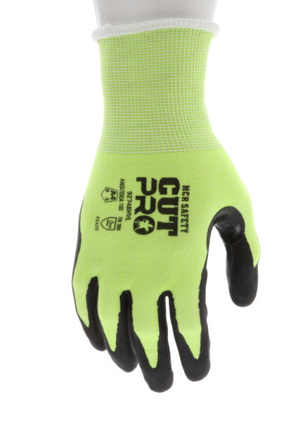 92748HV - MCR Safety CutPro® - 18-Gauge HyperMax® HPPE Shell - Hi-Vis Cut Resistant Work Gloves - Nitrile Coated Palm and Fingertips - Nitrile Micro Dotted Palm - Reinforced Thumb Crotch