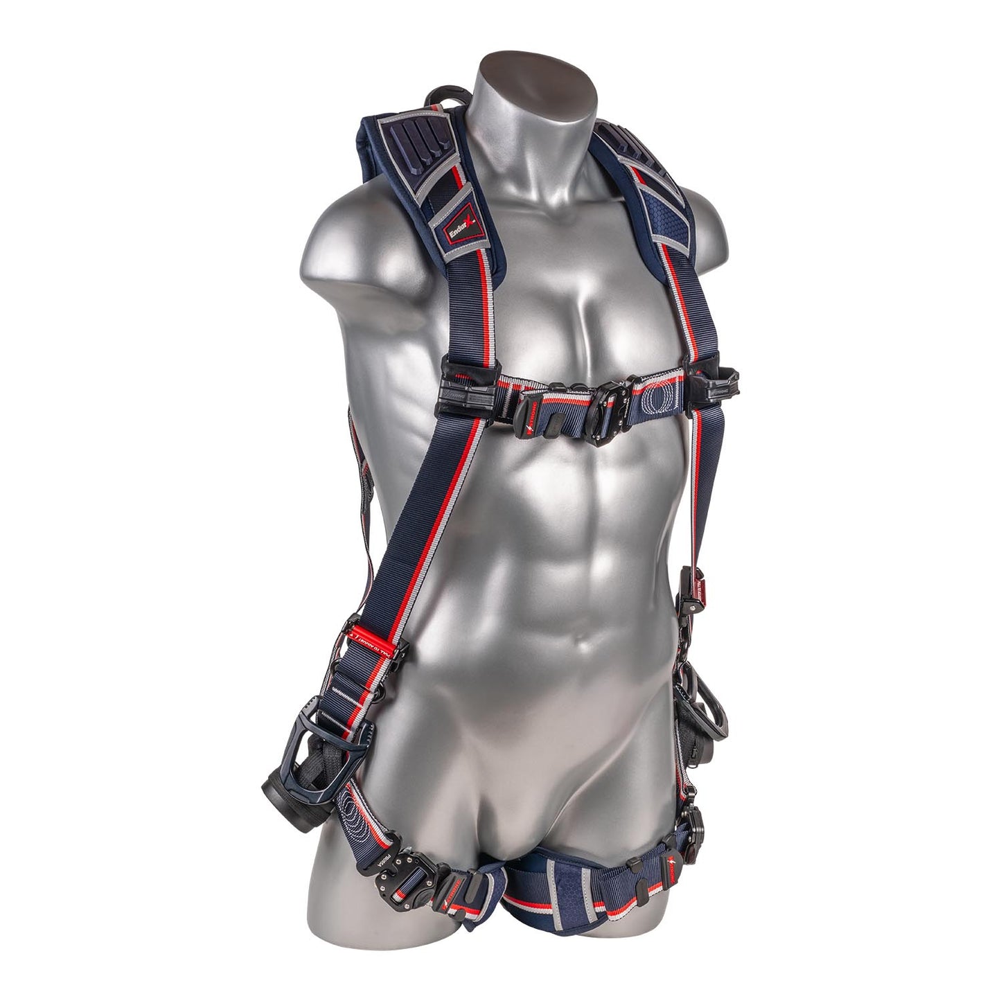 KStrong® EndurX™ 5-Point Full Body Harness, Abrasion Resistant Shoulder Pad, Deluxe Leg Pads, Enhanced Dorsal D-ring Plus™, Side D-rings, Quick Slide Adjusters, Trauma Relief Straps, QC Chest/Legs, All Aluminum Hardware (ANSI)