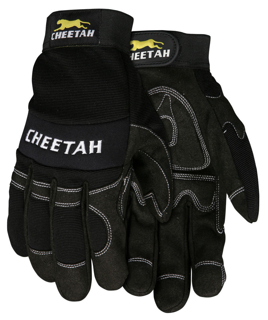 Cheetah Mechanics Gloves, Synthetic Leather Palm, Gel Pad, Hook and Loop Cuff