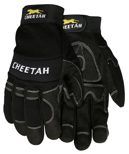 Cheetah Mechanics Gloves, Synthetic Leather Palm, Gel Pad, Hook and Loop Cuff
