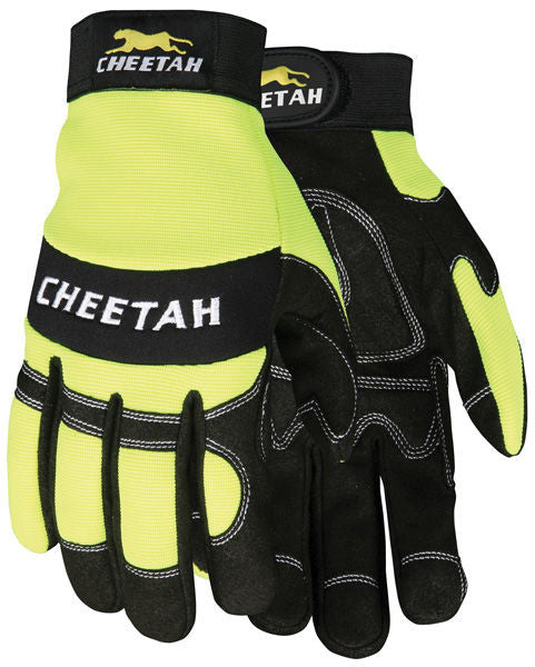 Cheetah MT Hi-Vis Lime Mechanics Gloves, Synthetic Leather Palm, Vented, Adjustable Closure