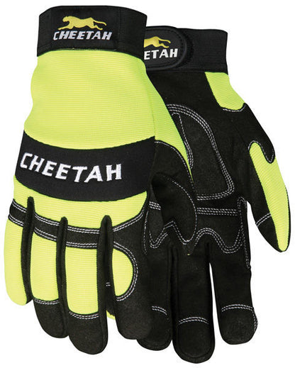 Cheetah MT Hi-Vis Lime Mechanics Gloves, Synthetic Leather Palm, Vented, Adjustable Closure
