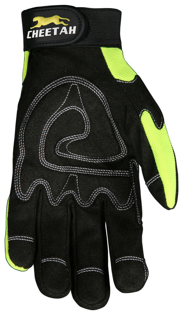 Cheetah MT Hi-Vis Lime Mechanics Gloves, Synthetic Leather Palm, Vented, Adjustable Closure