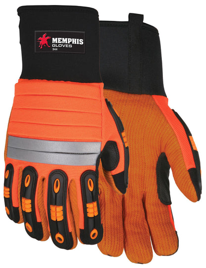 Hi-Visibility Mechanics Gloves, Corded Canvas Palm, TPR Impact Protection, Neoprene Cuff