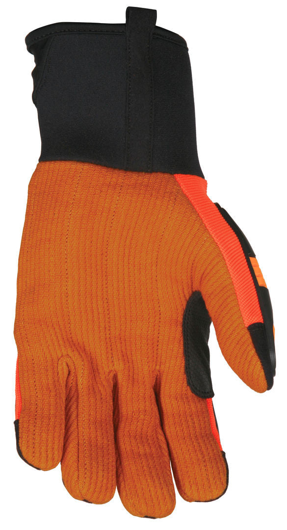 Hi-Visibility Mechanics Gloves, Corded Canvas Palm, TPR Impact Protection, Neoprene Cuff