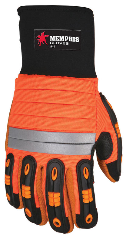 Hi-Visibility Mechanics Gloves, Corded Canvas Palm, TPR Impact Protection, Neoprene Cuff