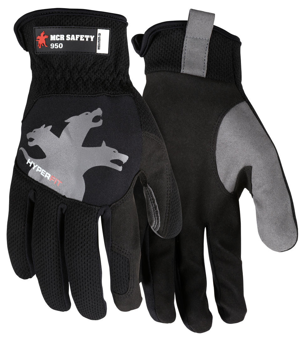 HyperFit Mechanics Gloves, Synthetic Leather Palm, Slip-On Cuff, Reflective