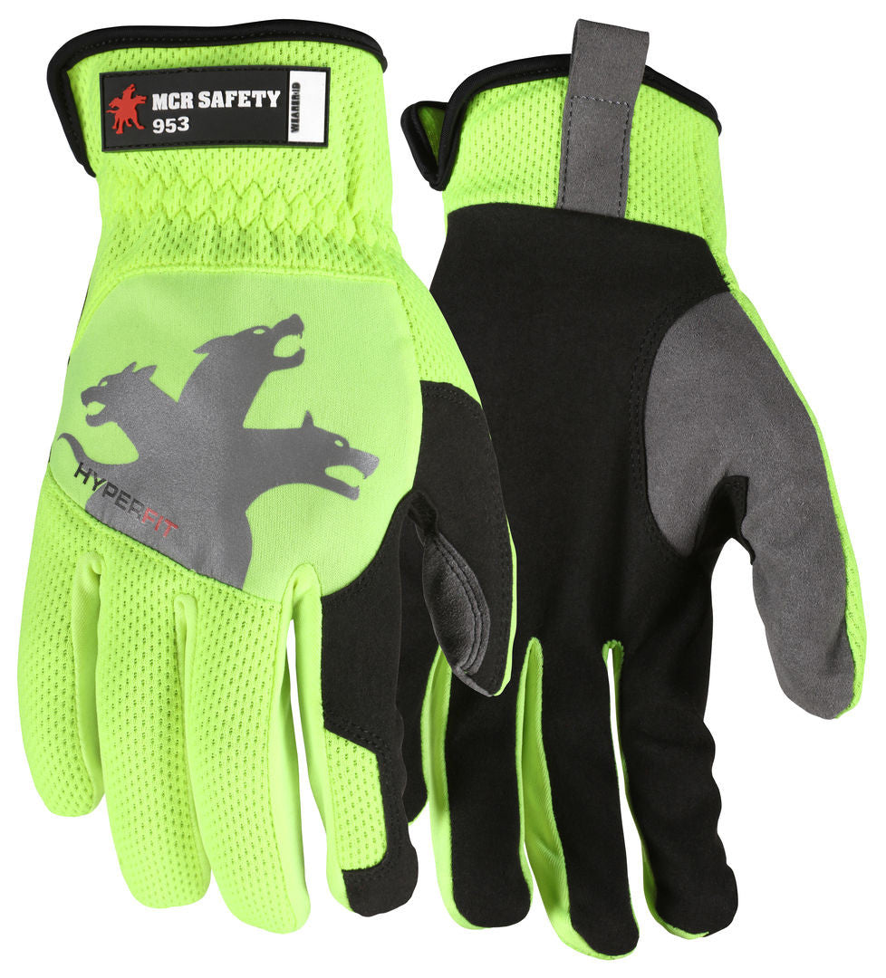 HyperFit Hi-Vis Mechanics Gloves, Synthetic Leather Palm, Slip-On Cuff, Reflective