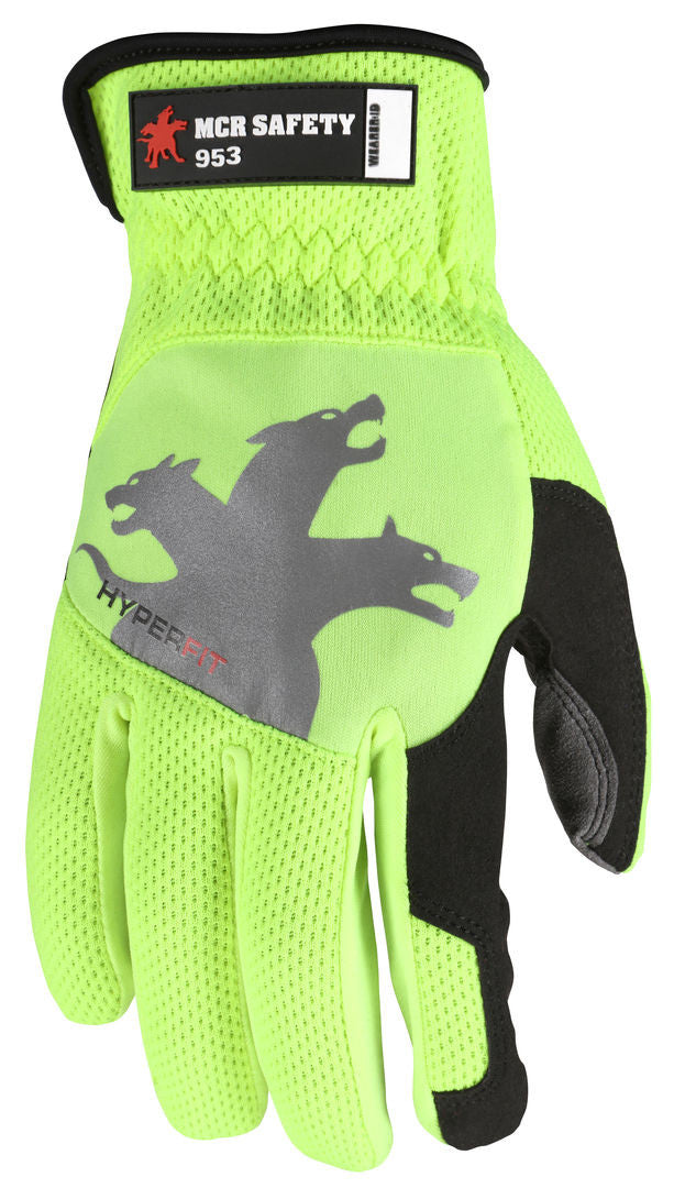 HyperFit Hi-Vis Mechanics Gloves, Synthetic Leather Palm, Slip-On Cuff, Reflective