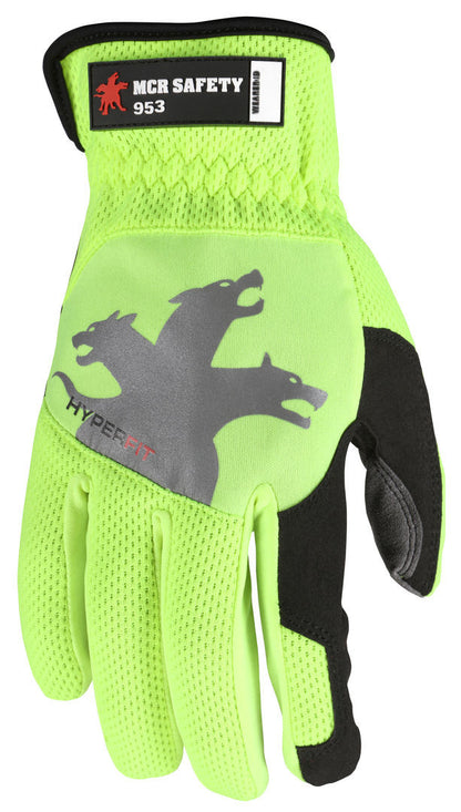 HyperFit Hi-Vis Mechanics Gloves, Synthetic Leather Palm, Slip-On Cuff, Reflective