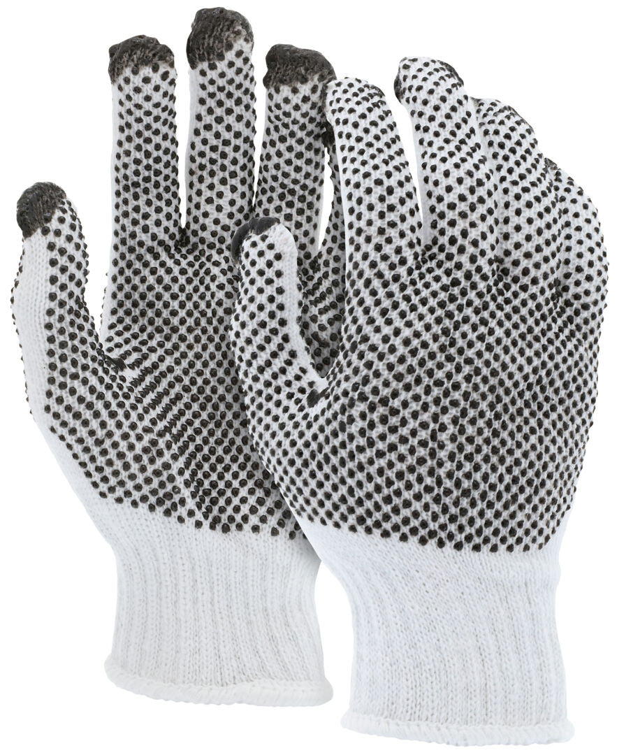 String Knit Work Gloves, 7 Gauge Cotton/Polyester, Double-Sided PVC Dots