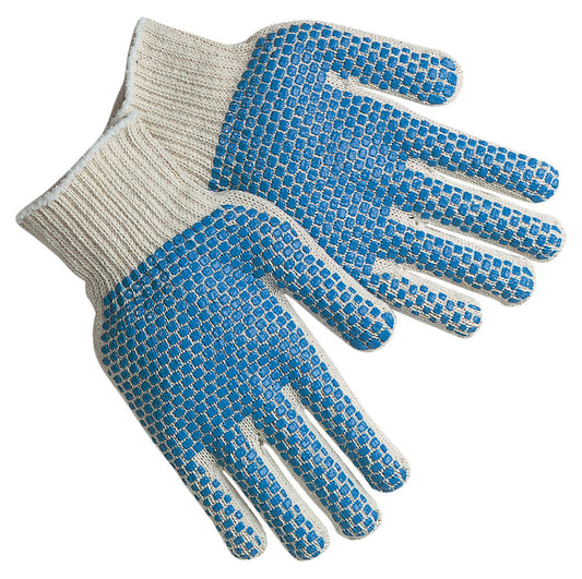 Cotton/Polyester String Knit Gloves, Blue PVC Dots, Two-Sided Grip