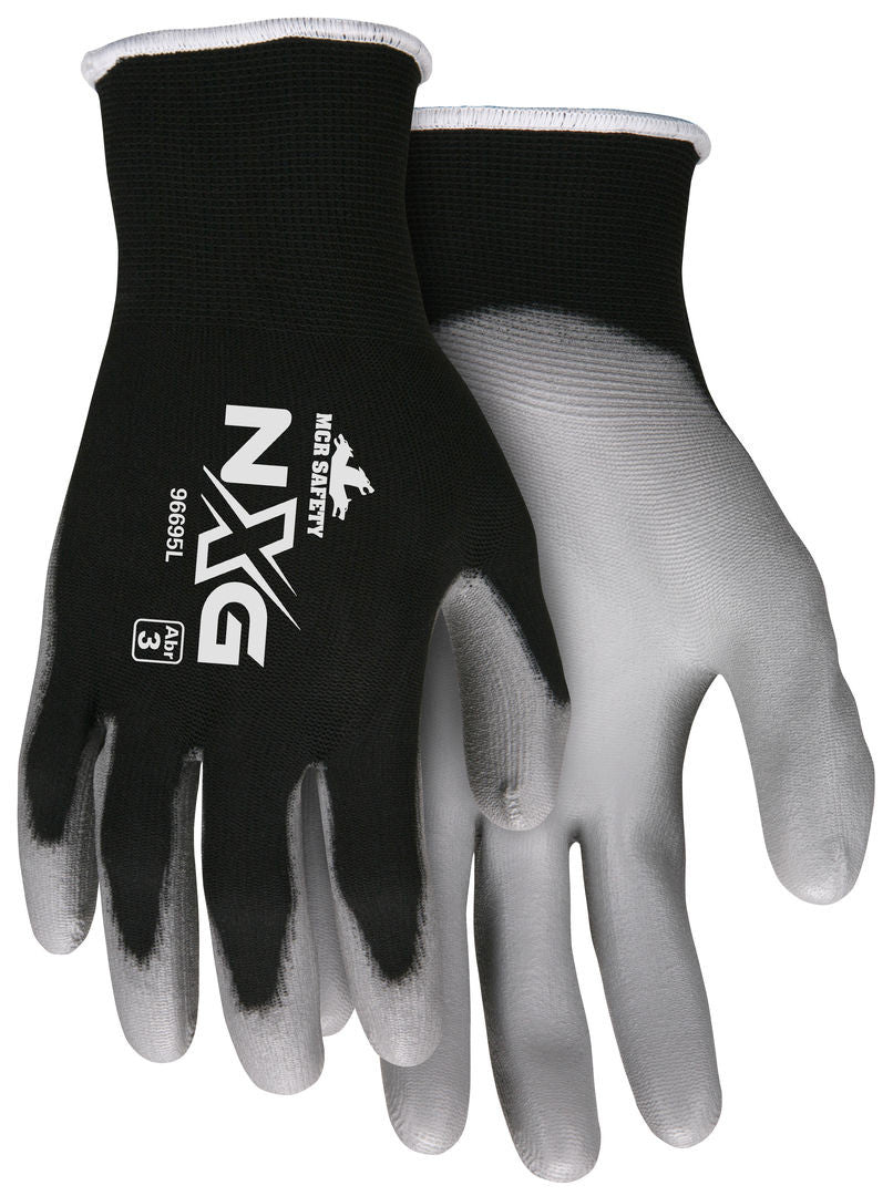 NXG Work Gloves, 15-Gauge Black Nylon, Gray Polyurethane Palm, Latex Free