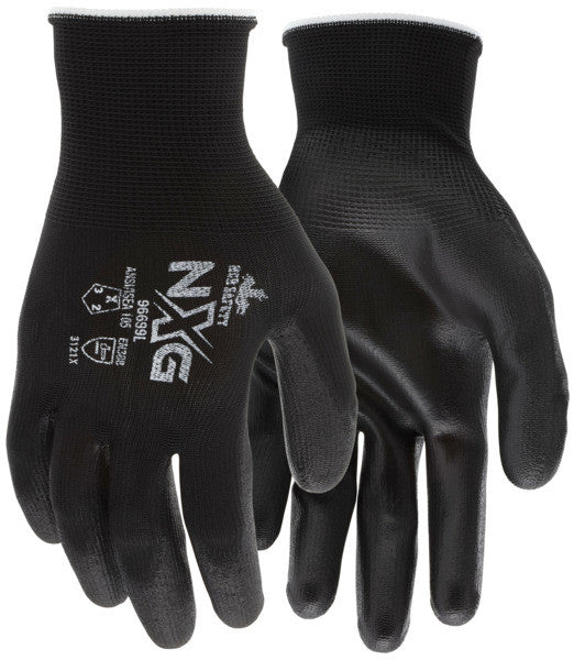 NXG Work Gloves, 13 Gauge Polyester Shell, Black Polyurethane Palm Coating