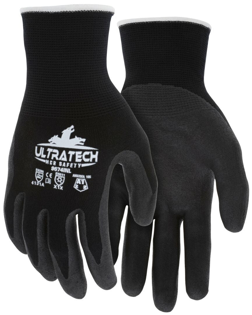 UltraTech Insulated Work Gloves, 15g Nylon/Merino Wool, Micro Foam Nitrile Palm