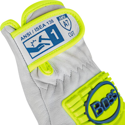 Boss®: Top Grain Goatskin Leather Drivers Glove with Kevlar® Blend Lining and Hi-Vis Impact Protection