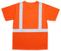 High visibility orange safety shirt front view with chest pocket reflective striping and black lower panel