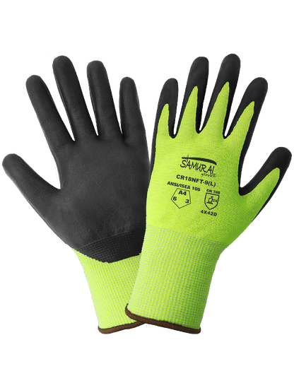 Global Glove CR18NFT-5 Samurai Glove® FDA and Anti-Static/Electrostatic Compliant Nitrile-Coated High-Visibility Tuffalene® Gloves with Cut, Abrasion, Puncture Resistance - CR18NFT – Cut Level A4, 18-Gauge PPE