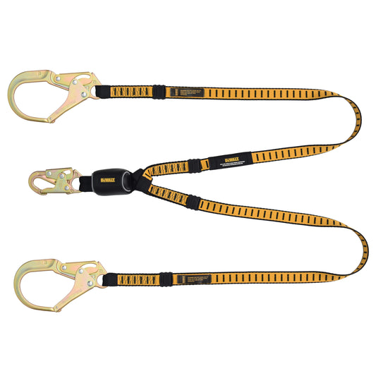 DXFP611130 DEWALT 6 ft.(1.8 m) Twin Leg Lanyard External Absorber, Snap hook on D-Ring End and Steel Rebar Hooks on Anchor End