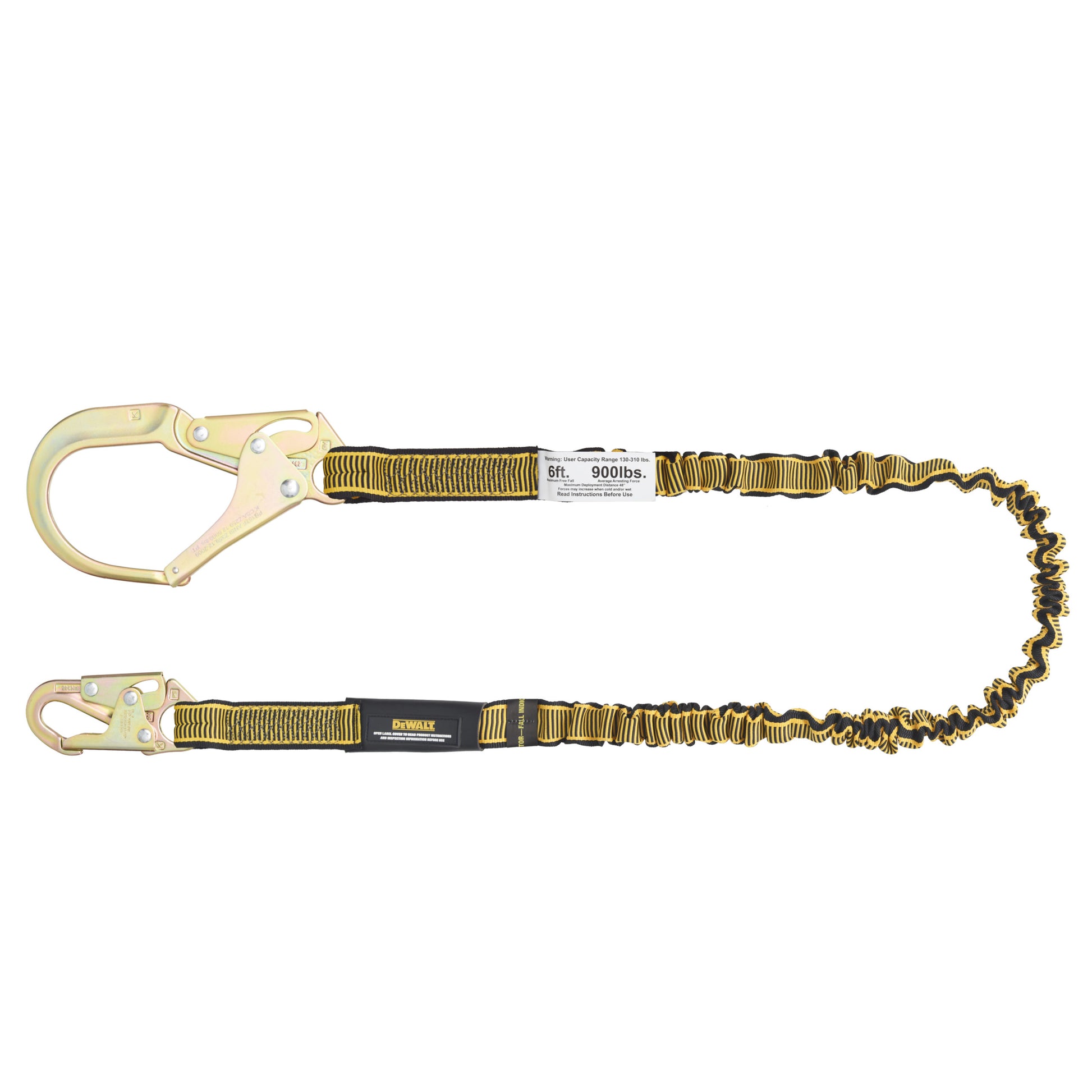 DXFP612110 DEWALT 6 ft. (1.8 m) Single Leg Lanyard Internal Energy Absorbing with Steel Snap Hook on D-Ring End and Steel Rebar Hook on Anchor End.