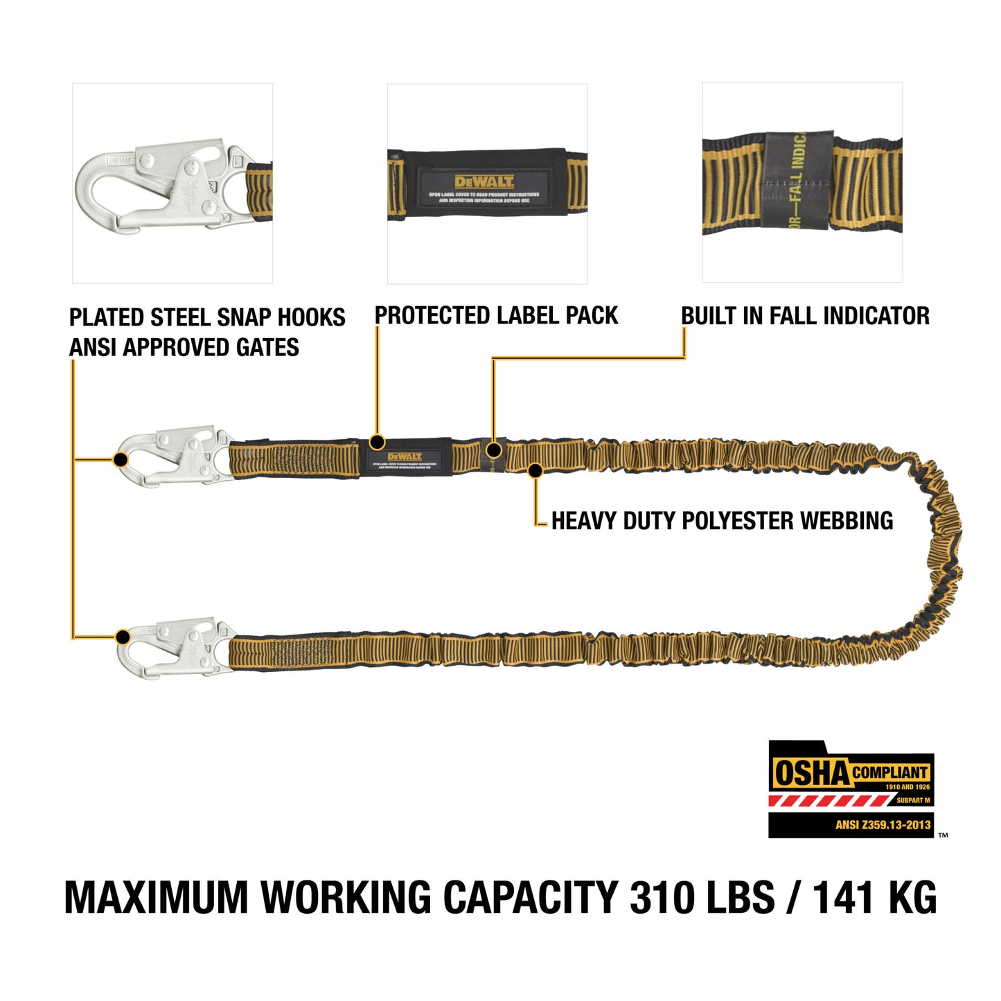 DXFP612111 DEWALT 6 ft. (1.8 m) SINGLE LEG LANYARD Internal Absorber, with Steel Snap hooks on both ends