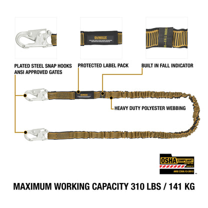 DXFP612111 DEWALT 6 ft. (1.8 m) SINGLE LEG LANYARD Internal Absorber, with Steel Snap hooks on both ends