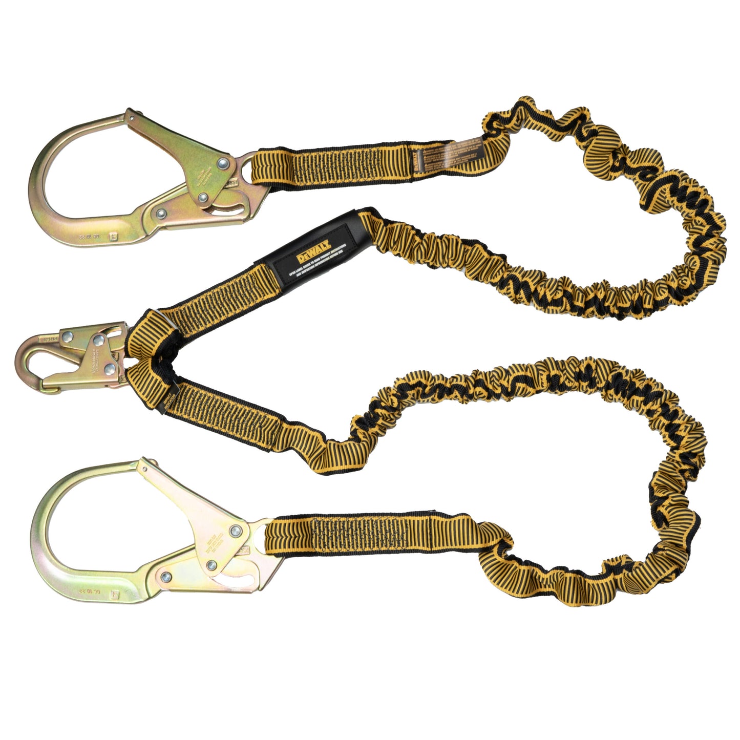 DXFP613130 DEWALT 6 ft. (1.8 m) Twin Leg Lanyard Internal Energy Absorber, 4 ft. to 6 ft. Stretch with Steel Snap hook on D-Ring End and Steel Rebar Hooks on Anchor End.